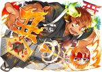  1boy animal_ears arrow_(projectile) bara biceps brown_eyes brown_hair chinese_zodiac cow_boy cow_ears cow_horns dark-skinned_male dark_skin daruma_doll ema facepaint facial_hair fiery_horns goatee horns japanese_clothes kimono kuro_nezumi_inu large_pectorals male_focus muscular muscular_male native_american new_year obi official_art open_mouth pectorals pointing pointing_at_viewer rope sandals sash shimenawa solo sun tabi thick_thighs thighs tokyo_afterschool_summoners torii translated transparent_background wakan_tanka year_of_the_ox zouri 