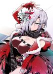  1girl blue_eyes box breasts christmas cleavage commentary_request commission erotunabe fingerless_gloves fur_trim gift gift_box girls&#039;_frontline gloves grey_hair hair_over_one_eye highres holding_mistletoe large_breasts looking_at_viewer mg5_(crimson_guardian)_(girls&#039;_frontline) mg5_(girls&#039;_frontline) mistletoe official_alternate_costume red_gloves scarf short_hair skeb_commission smile solo 