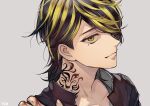  1boy artist_name black_hair blonde_hair blood blood_on_hands closed_mouth collarbone hair_over_one_eye hanemiya_kazutora highres male_focus medium_hair mole mole_under_eye multicolored_hair solo streaked_hair tattoo tcb tiger_tattoo tokyo_revengers upper_body yellow_eyes 