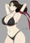  1girl arm_ribbon armpits arms_up artist_name bangs bikini black_bikini black_hair blue_eyes breasts bukkuri cleavage closed_mouth cowboy_shot dated girls_und_panzer grey_background hand_in_hair hands_in_hair large_breasts light_frown long_hair looking_at_viewer navel nonna_(girls_und_panzer) ribbon signature simple_background solo standing swept_bangs swimsuit 