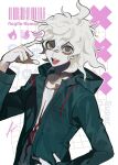  1boy @_@ absurdres bangs barcode blue_coat btmr_game character_name coat commentary copyright_name danganronpa_(series) danganronpa_2:_goodbye_despair finger_to_head grey_eyes hand_on_hip heart highres hood hood_down hooded_coat komaeda_nagito long_sleeves looking_at_viewer male_focus messy_hair open_mouth pale_skin shirt signature simple_background solo symbol-only_commentary upper_body white_hair 