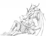  anthro baron_engel bottomwear breasts clothing collar cradling dragon duo female graphite_(artwork) jewelry laugh male male/female mammal mouse murid murine necklace pants pencil_(artwork) petina_demouse rodent simple_background sitting strategically_covered tickling traditional_media_(artwork) white_background 