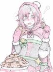  1girl ? artist_name blush christmas cloak commentary cookie eating english_commentary food grey_eyes highres holding holding_cookie holding_food hood hood_up looking_at_viewer mittens ruby_rose rwby short_hair simple_background sketch solo tabletorgy watermark white_background 