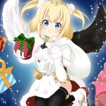  1girl bangs black_legwear black_wings blonde_hair blue_eyes boots box christmas closed_mouth commentary dress elbow_gloves english_commentary eyebrows_visible_through_hair feathered_wings fur-trimmed_boots fur-trimmed_dress fur-trimmed_sleeves fur_trim gift gift_box gloves holding holding_gift holding_sack looking_at_viewer maaru_(shironeko_project) mismatched_wings mitya sack shironeko_project short_sleeves smile solo sparkle thighhighs tiara twitter_username two_side_up white_dress white_footwear white_gloves white_wings wings 