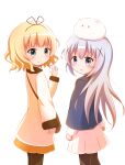  2girls :&lt; :o angora_rabbit animal animal_on_head backlighting bangs black_legwear black_ribbon blonde_hair blue_capelet blue_eyes blue_hair blush brown_skirt bunny capelet closed_mouth eyebrows_visible_through_hair feet_out_of_frame from_behind fur-trimmed_jacket fur-trimmed_sleeves fur_trim gochuumon_wa_usagi_desu_ka? goth_risuto green_eyes hair_between_eyes hair_ornament hair_ribbon highres jacket kafuu_chino kirima_sharo looking_at_viewer looking_back multiple_girls on_head pantyhose parted_lips pleated_skirt ribbon simple_background skirt sleeves_past_wrists smile standing tippy_(gochiusa) triangle_mouth white_background white_jacket white_skirt x_hair_ornament 