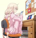  1girl ahoge barefoot blue_eyes book book_stack braid bulletin_board cellphone chair computer desk from_side highres indoors kizuna_akari knees_up laptop long_hair looking_at_phone niconico pajamas pants phone photo_(object) picture_(object) pink_pajamas pink_pants pink_shirt platinum_blonde_hair shirt sitting smartphone solo striped striped_pajamas toromera twin_braids twitter very_long_hair vocaloid voiceroid yuzuki_yukari yuzuki_yukari&#039;s_younger_twin_brother 