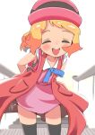  1girl black_legwear blonde_hair blush dress hat open_mouth pokemon pokemon_(anime) pokemon_xy_(anime) rogeris serena_(pokemon) short_hair skirt sleeveless smile solo thighhighs 