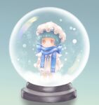  1girl ahoge blue_background blue_hair blue_scarf blush chibi commentary_request dress girls&#039;_frontline hair_ornament hairclip hat mob_cap red_eyes rutileq scarf short_hair snow snow_globe solo white_dress zas_m21_(girls&#039;_frontline) zas_m21_(gunshot_in_the_snow)_(girls&#039;_frontline) 