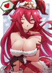  1girl arm_under_breasts artist_name bare_shoulders blush bow bowtie breasts christmas cleavage collarbone dated diffraction_spikes dragalia_lost fang fur_trim gloves hair_between_eyes hat heart highres horns large_breasts long_hair looking_at_viewer mym_(dragalia_lost) navel one_eye_closed open_mouth puckered_lips punished_pigeon ribbon santa_hat skin_fang solo speech_bubble spoken_heart very_long_hair yellow_eyes 