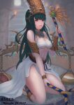  1girl abeen_jhong absurdres artist_name black_hair dated egyptian highres long_hair looking_at_viewer navel original red_eyes solo very_long_hair wand 