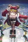  1girl bangs boots bow breasts chimney choker christmas collarbone double_bun eyewear_on_head girls&#039;_frontline gloves hair_bow hair_ornament highres korean_commentary light_brown_hair looking_at_viewer medium_breasts night official_alternate_costume open_mouth p90_(girls&#039;_frontline) p90_(scarlet_turbo)_(girls&#039;_frontline) red_bow red_eyes rooftop short_hair shorts smile solo sunglasses thighhighs vikpie 