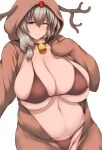  1girl absurdres animal_costume antlers bangs bell belly bikini breasts brown_bikini closed_mouth collarbone eyebrows_visible_through_hair fake_antlers grey_hair groin half-closed_eye hand_on_own_chest hand_up highres huge_breasts long_hair long_sleeves looking_at_viewer mature_female navel neck_bell one_eye_closed open_clothes plump purple_eyes raised_eyebrows reindeer_antlers reindeer_costume shiny shiny_hair simple_background skindentation solo swimsuit tsukasawa_takamatsu underboob uzaki-chan_wa_asobitai! uzaki_tsuki 