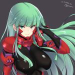  bangs breasts commission covered_nipples floating_hair fortified_suit green_eyes green_hair grey_background hair_behind_ear hand_in_hair highres large_breasts long_hair makishima_azusa muvluv muvluv_alternative pilot_suit second-party_source signature skeb_commission skin_tight smile tsukuyomi_mana upper_body v-shaped_eyebrows 