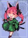  1girl animal_ears black_bow black_footwear bow bowtie braid cat_ears cat_tail chibi dress extra_ears fang floral_background floral_print frills green_dress kaenbyou_rin leg_ribbon multiple_tails nekomata open_mouth orange_eyes outstretched_arms pointy_ears puffy_sleeves purple_background red_eyes ribbon smile spread_arms tail touhou twin_braids two_tails yamamori_uniko 