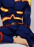  1boy arm_support artist_name bara barefoot blue_bodysuit bodysuit boku_no_hero_academia brown_bodysuit endeavor_(boku_no_hero_academia) english_text grey_background head_out_of_frame highres keva_(liltkeva) male_focus muscular muscular_male red_bodysuit simple_background sitting solo 