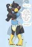  anthro avian bird bodily_fluids dialogue diaper english_text falcon falconid genital_fluids hi_res leaking_diaper leaking_urine male mistydash nephy_abdl_(peregrine) omorashi padded padding peeing peregrine_falcon plushie soggy_diaper solo text top_wing urine wet wet_diaper wetting wetting_diaper 