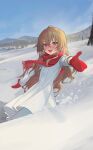  1girl :d absurdres aisaka_taiga bandaid bandaid_on_face bangs blush brown_eyes brown_hair buttons day fang forest gloves hair_between_eyes highres jacket long_hair moon_(yfsp7823) mountainous_horizon nature outdoors outstretched_arms red_gloves red_scarf scarf smile snow teeth toradora! tree upper_teeth white_jacket 