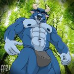  2021 abs anthro biceps biped blue_body blue_fur bottomwear bovid bovine clothed clothing digital_media_(artwork) fabfelipe facial_hair facial_piercing forest frog_perspective fur grey_clothing grey_underwear hi_res horn looking_at_viewer male mammal muscular muscular_anthro muscular_male nipples nose_piercing nose_ring orange_eyes pecs piercing plant smile solo standing strings topless tree underwear 