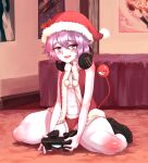  1girl alternate_costume bangs black_legwear blush controller eyeball eyebrows_visible_through_hair hair_between_eyes hat headphones headphones_around_neck highres knee_blush komeiji_satori navel open_clothes open_mouth open_vest purple_eyes purple_hair santa_costume santa_hat santa_panties short_hair shoulder_blush socks solo sunnysideup teeth textless third_eye touhou upper_teeth vest 