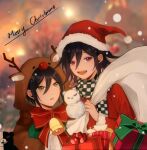  2boys :d animal_ears antlers bangs bell black_hair black_scarf blurry blurry_background bow bowtie box brown_eyes butter_(butter38700739) checkered_clothes checkered_scarf danganronpa_(series) danganronpa_v3:_killing_harmony deer_costume fake_animal_ears gift gift_box hair_between_eyes hat holding long_sleeves looking_at_another looking_at_viewer male_focus merry_christmas monokuma multiple_boys ouma_kokichi portrait red_bow red_bowtie saihara_shuuichi santa_hat scarf short_hair smile teeth upper_body upper_teeth white_scarf 