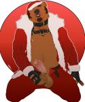  2021 abs absurd_res anthro ball_fondling balls bambii_dog belt big_balls big_penis brown_body brown_fur christmas christmas_clothing christmas_headwear cigar clothed clothing collar costume facial_hair fingerless_gloves fondling fur genitals gloves goatee gold_(metal) handwear harness hat headgear headwear henry_harris_baxter hi_res holidays huge_balls huge_penis kneeling male mammal muscular muscular_male nipple_piercing nipple_ring nipples open_clothing open_shirt open_topwear penis piercing pink_penis santa_costume santa_hat shirt sideburns solo topwear ursid 