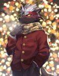  anthro black_body black_fur blush canid canine canis christmas_lights cold domestic_dog fur hair hi_res lifewonders male mammal overcoat ponzu_tas scar scarf solo tadatomo tokyo_afterschool_summoners video_games white_hair 