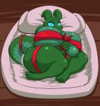  3_toes 4_fingers bdsm bed big_breasts blue_eyes blush bondage bound breasts feet female fingers furniture green_body green_scales hi_res horn huge_breasts huge_thighs kobold lagotrope nipple_outline on_bed pillow ribbon_bondage ribbons scales short_stack smile solo thick_thighs toes unknown_character 