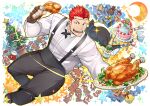  bara biceps black_legwear broccoli cake champagne_bottle cherry_tomato chicken_(food) chicken_leg christmas christmas_ornaments christmas_stocking christmas_tree crescent_moon dress_shirt food gift gingerbread_man glass heterochromia large_pectorals moon naop_(anything) official_art open_mouth overalls pectorals plate pollux_(housamo) red_hair shirt smile snowflakes sparkle star_(symbol) taurus_mask tokyo_afterschool_summoners tomato toy transparent_background 