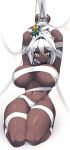  1girl :&lt; arms_up bandages bangs bound bound_wrists breasts commentary_request dark-skinned_female dark_skin eyebrows_visible_through_hair full_body glasses hair_between_eyes highres huge_breasts looking_at_viewer mistletoe multicolored_eyes naked_bandage navel original simple_background sitting solo sub-res white_background white_hair yellow_eyes 