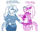  2021 animatronic anthro biped bottomwear breasts canid canine canis clothing collar dialogue digital_media_(artwork) duo ear_piercing ear_ring english_text eyewear female female/female fenrir_lunaris five_nights_at_freddy&#039;s five_nights_at_freddy&#039;s:_security_breach flirting food glasses harassment humor lassie_lunaris machine mammal neck_tuft piercing pizza robot roxanne_wolf_(fnaf) scottgames shorts simple_background smile text tuft video_games white_background wolf 
