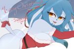  2021 accessory amber_eyes anthro anthrofied awintermoose back_arch bed_sheet bedding bedroom_eyes big_breasts big_butt blue_body blue_fur blue_hair blue_nose bottomless breasts butt christmas clothed clothing costume digital_media_(artwork) eeveelution female fur furgonomics glaceon hair hair_accessory hair_ribbon holidays long_ears long_hair long_tail looking_at_viewer lying narrowed_eyes nintendo on_front open_mouth pok&eacute;mon pok&eacute;mon_(species) ponytail ribbons santa_costume seductive snowcone_(awintermoose) solo tail_accessory tail_ribbon text video_games 