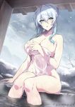  1girl bangs bare_shoulders bath bathing blue_eyes blush braid breasts cleavage collarbone crown_braid hair_bun highres large_breasts long_hair looking_at_viewer naked_towel nude onsen open_mouth original rock sidelocks silver_hair sitting soaking_feet solo steam thighs towel water wet yukino_(zeroshiki_kouichi) zeroshiki_kouichi 