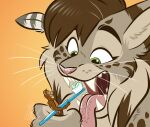  anthro bodily_fluids brush domestic_ferret duo fangs felid feline female holding_character holding_micro lynx male male/female mammal micro micro_in_hand mouth_shot mustela mustelid musteline nicnak044 nicole_(nicnak044) open_mouth saliva saliva_string teeth tongue tongue_out toothbrush toothpaste true_musteline werther 