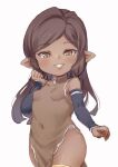  1girl arulumaya breasts brown_dress brown_eyes brown_hair commentary_request covered_navel dark-skinned_female dark_skin detached_sleeves dress eyebrows_visible_through_hair granblue_fantasy harvin highres jingai_modoki long_hair looking_at_viewer mole mole_under_eye simple_background small_breasts smile solo thighs white_background 