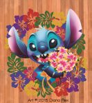  2015 alien blue_eyes blue_nose blush bouquet diana_rex digital_media_(artwork) digital_painting_(artwork) disney experiment_(species) flower head_tuft hibiscus holding_flower holding_object lilo_and_stitch looking_at_viewer notched_ear open_mouth open_smile plant signature smile solo stitch tuft 