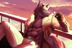  abs bathym belt candy canid canine canis chazer_n clothed clothing coat demon detailed_background eyewear food fur glasses gloves horn leaning leaning_back lollipop male mammal muscular muscular_male pants pecs purple_fur sunset tokyo_afterschool_summoners topless video_games wolf 