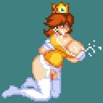  1girl breasts lactation lowres mario_(series) nintendo pixel_art pixiv princess_daisy simple_background solo sprite super_mario_bros super_mario_bros. super_mario_land thighhighs 