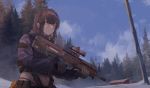  1girl absurdres aegisfate blush brown_hair bullpup commentary english_commentary gloves gun highres holding holding_gun holding_weapon midriff original outdoors scenery scope sky snow solo tree weapon yellow_eyes 