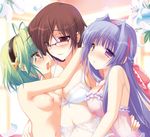  3girls breasts brown_hair emily_(artist) emily_(pure_dream) glasses group_sex incipient_kiss kiss large_breasts lingerie multiple_girls pure_dream see-through sex smile source_request threesome underwear yuri 