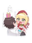  1boy 1girl absurdres blonde_hair blush breasts calendar_(object) chibi cleavage commentary_request fate/extra fate/grand_order fate_(series) fujimaru_ritsuka_(male) gift green_eyes hat highres nero_claudius_(fate) nero_claudius_(fate/extra) santa_costume santa_hat short_hair translation_request white_background yayoi_maka 
