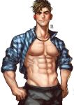  1boy abs bara blue_shirt collared_shirt greenteaa highres jewelry large_pectorals male_focus mature_male muscular muscular_male navel necklace open_clothes open_shirt original pectorals plaid plaid_shirt shirt short_hair solo spiked_hair thick_eyebrows 