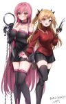  2girls absurdres arm_under_breasts bare_shoulders black_dress black_gloves black_legwear black_skirt blonde_hair blush boots breasts brown_footwear chain cleavage closed_mouth collarbone commentary_request cosplay cross dagger dress elbow_gloves embarrassed eyebrows_visible_through_hair fang fate/stay_night fate_(series) feet_out_of_frame gem gloves green_eyes highres idolmaster idolmaster_cinderella_girls jougasaki_mika jougasaki_rika knife large_breasts latin_cross leg_up long_hair looking_at_viewer medium_breasts medusa_(fate) medusa_(rider)_(fate) medusa_(rider)_(fate)_(cosplay) miniskirt multiple_girls open_mouth pink_hair pizzasi pleated_skirt red_sweater signature simple_background skirt smile standing standing_on_one_leg strapless strapless_dress sweat sweater thigh_boots thighhighs tohsaka_rin tohsaka_rin_(cosplay) translated tube_dress turtleneck turtleneck_sweater two_side_up very_long_hair weapon white_background yellow_eyes zettai_ryouiki 