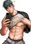  1boy abs bara brown_eyes closed_mouth clothes_lift greenteaa highres looking_at_viewer male_focus mature_male muscular muscular_male navel nipple_piercing nipples original piercing shirt shirt_lift short_hair smile solo spiked_hair thick_eyebrows 