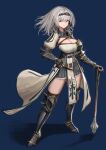  1girl armor armored_boots armored_dress belt black_legwear blue_background boots braid breasts cloak grey_hair hairband highres holding holding_weapon hololive ioriwu8 large_breasts looking_at_viewer shirogane_noel short_hair silver_hair simple_background smile solo standing thighhighs virtual_youtuber weapon 