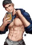  1boy abs bara blue_shirt clothes_lift greenteaa highres holding looking_at_viewer male_focus mature_male muscular muscular_male navel open_mouth original pectorals phone selfie shirt shirt_lift short_hair smile solo spiked_hair thick_eyebrows 