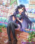  1girl bangs black_hair blush city cloud dress green_eyes hair_ornament koushi_rokushiro kurokawa_kira leaf long_hair looking_at_viewer onsen_musume open_mouth shoes sitting sky smile solo thighhighs zettai_ryouiki 