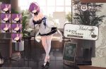  1girl asymmetrical_legwear azur_lane bare_shoulders black_footwear breasts cleavage commentary_request expressions gloves high_heels large_breasts looking_at_viewer maid maid_headdress official_alternate_costume official_art one_eye_covered penelope_(azur_lane) promotional_art purple_hair short_hair standing suisai thighhighs uneven_legwear white_gloves white_legwear 