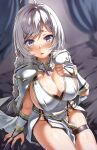  1girl ahoge bangs blush braid breasts capelet cleavage commentary_request dress eyebrows_visible_through_hair from_above highres isekai_milf_hunter korean_commentary large_breasts lhu_(barappra1) long_hair looking_at_viewer looking_up purple_eyes silver_hair sitting skindentation solo sweatdrop thigh_strap twin_braids very_long_hair white_capelet white_dress 