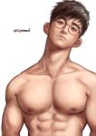 1boy abs bara glasses greenteaa highres large_pectorals looking_at_viewer male_focus mature_male muscular muscular_male nipples original pectorals short_hair smile solo spiked_hair thick_eyebrows topless topless_male 