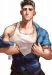  1boy bandaid bandaid_on_face bara greenteaa highres holding male_focus mature_male muscular muscular_male open_clothes open_shirt original short_hair solo spiked_hair sweat sweatdrop tank_top thick_eyebrows undressing 